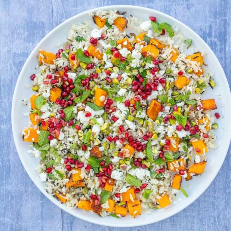 Warm Christmas Rice Salad With Butternut Squash and Pomegranate Seeds
