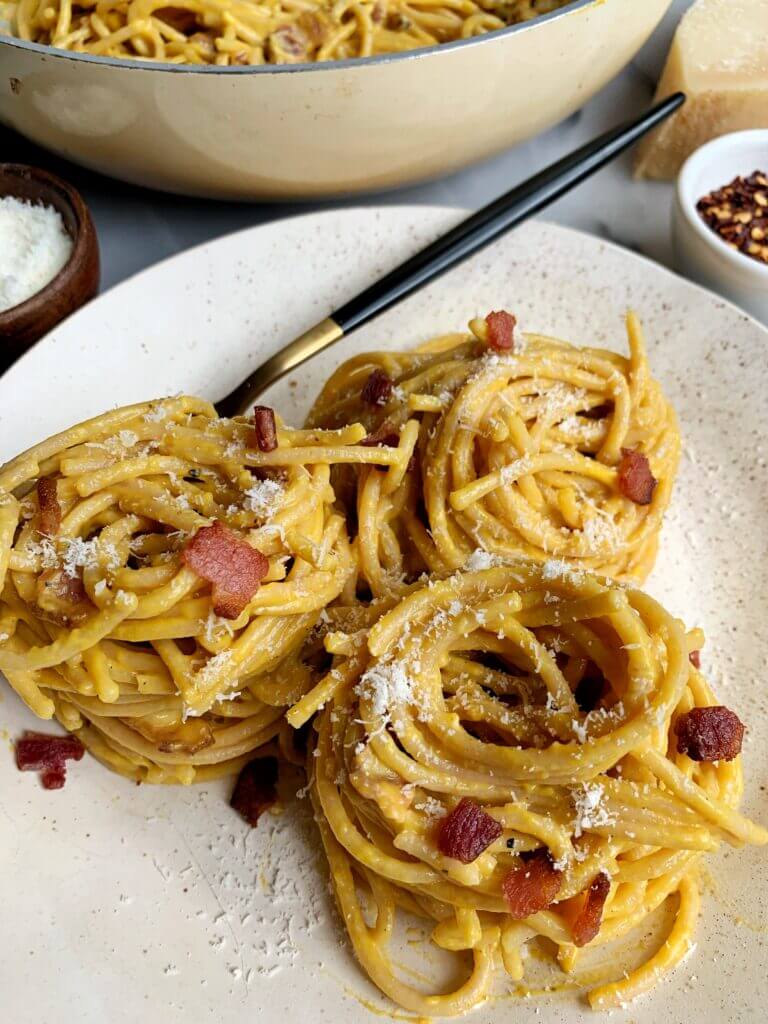 Creamy Pumpkin Bacon Carbonara Pasta