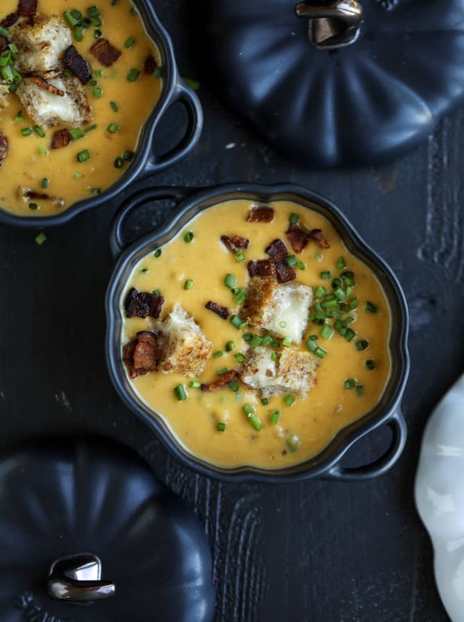 Smoky Pumpkin Bisque with Grilled Cheese Croutons