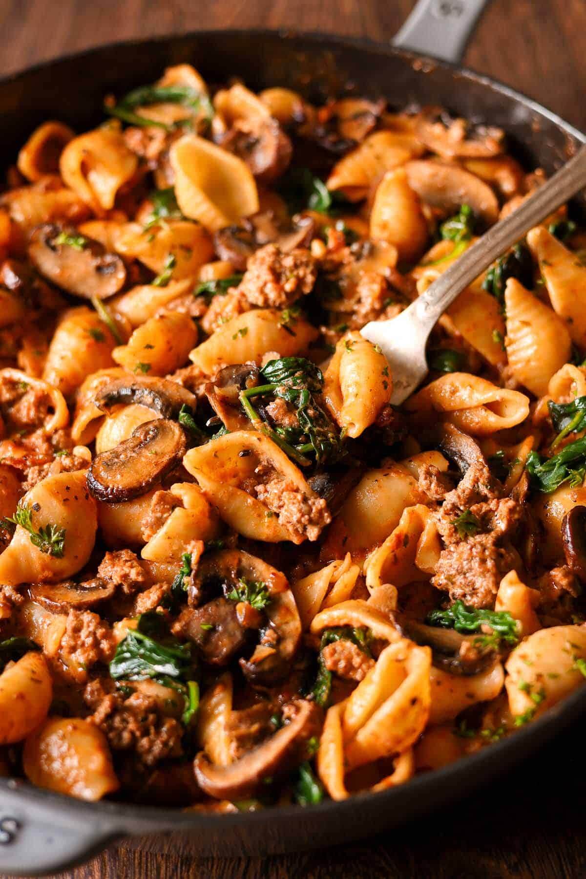 Creamy Beef and Shells with Spinach and Mushrooms