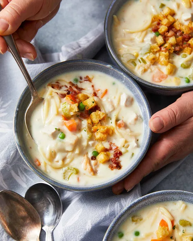 Creamy Chicken Noodle Soup With Mini Croutons