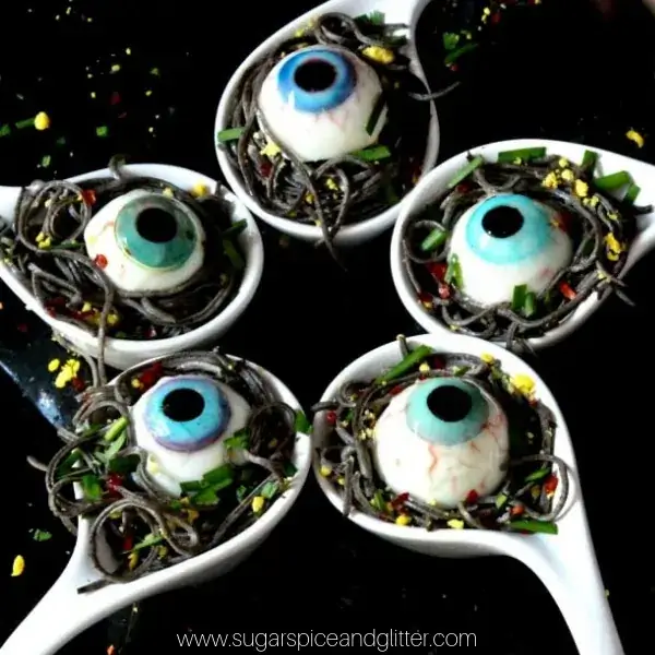 Garlicky Black Bean Pasta With Deviled Egg Eyes