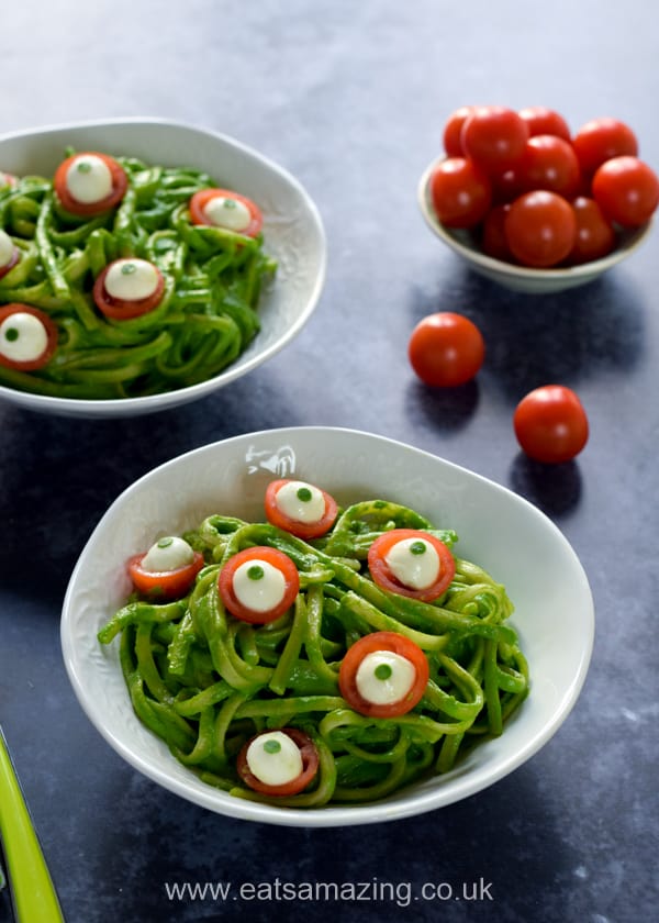 Green Monster Spaghetti With Cheese & Tomato Eyeballs