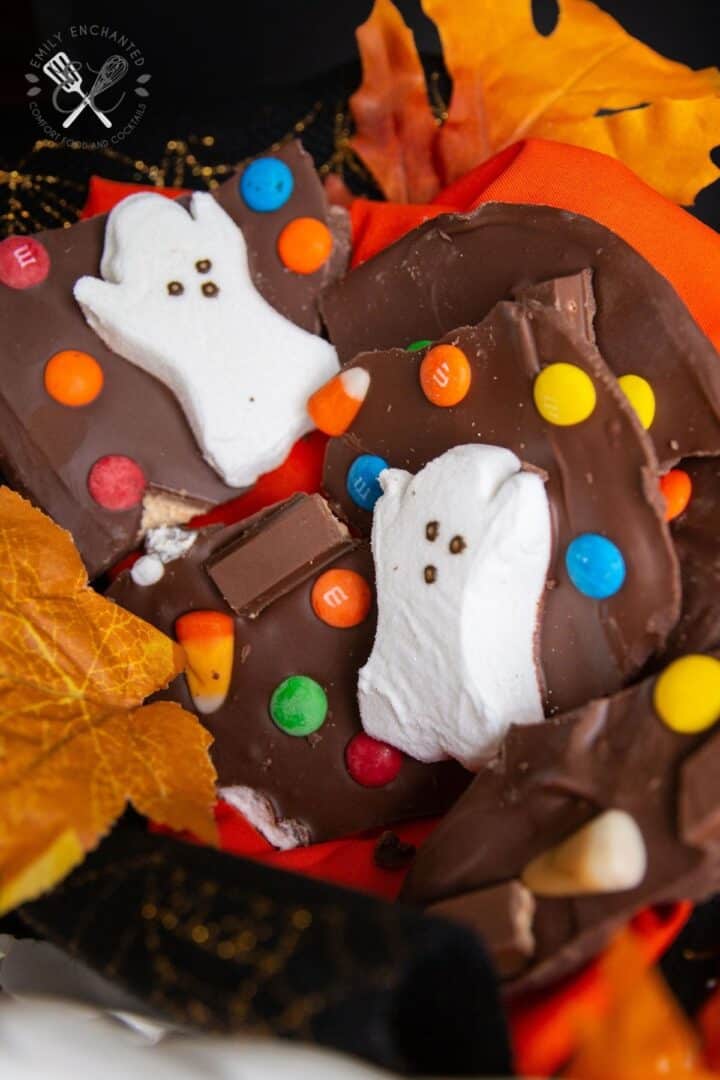 Halloween Bark With Chocolate Candies, Candy Corn, and Ghost Marshmallows