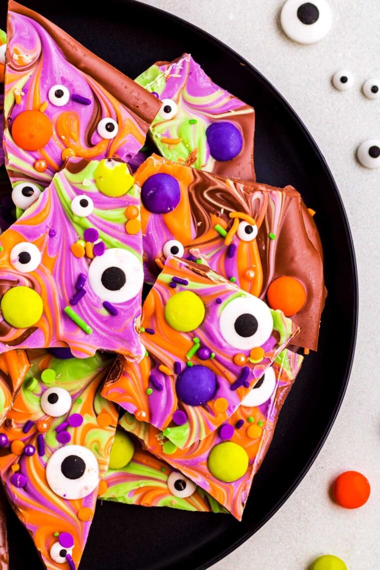 Halloween Chocolate Bark With Ghoul Mix M&M's and Candy Eyes