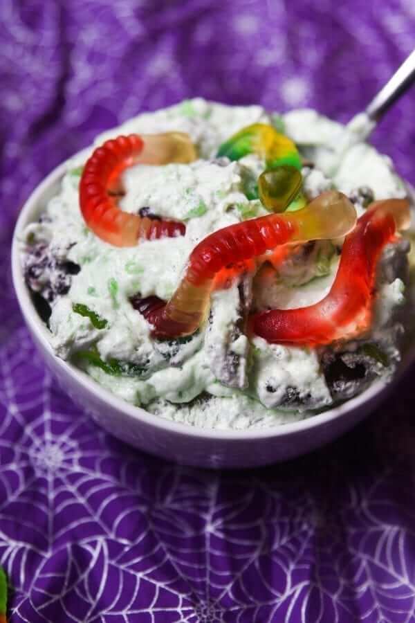 Halloween Jello Salad With Gummy Worms And Blackberries