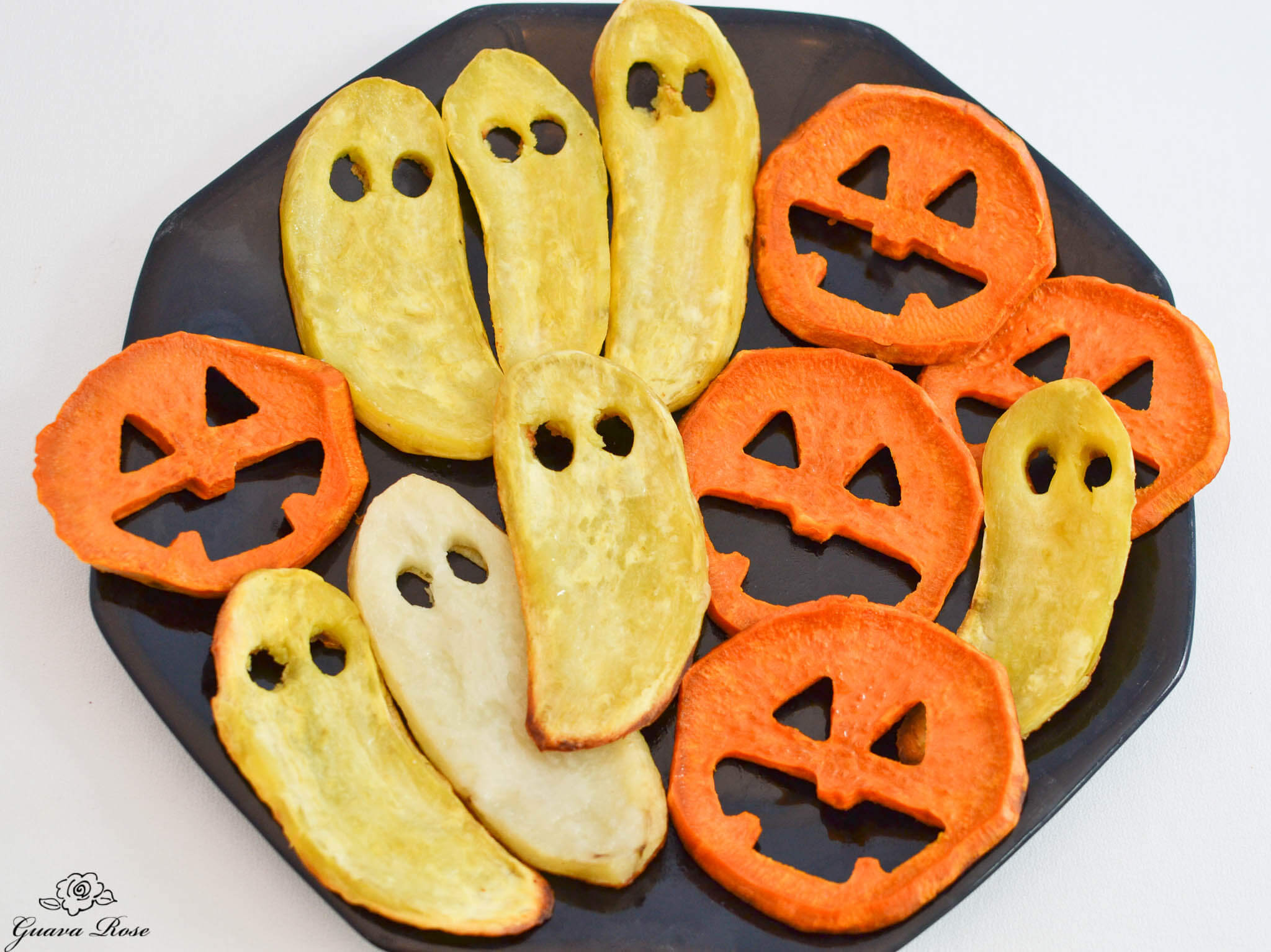 Roasted Sweet Potato Jack-o-Lantern Faces and Ghosts