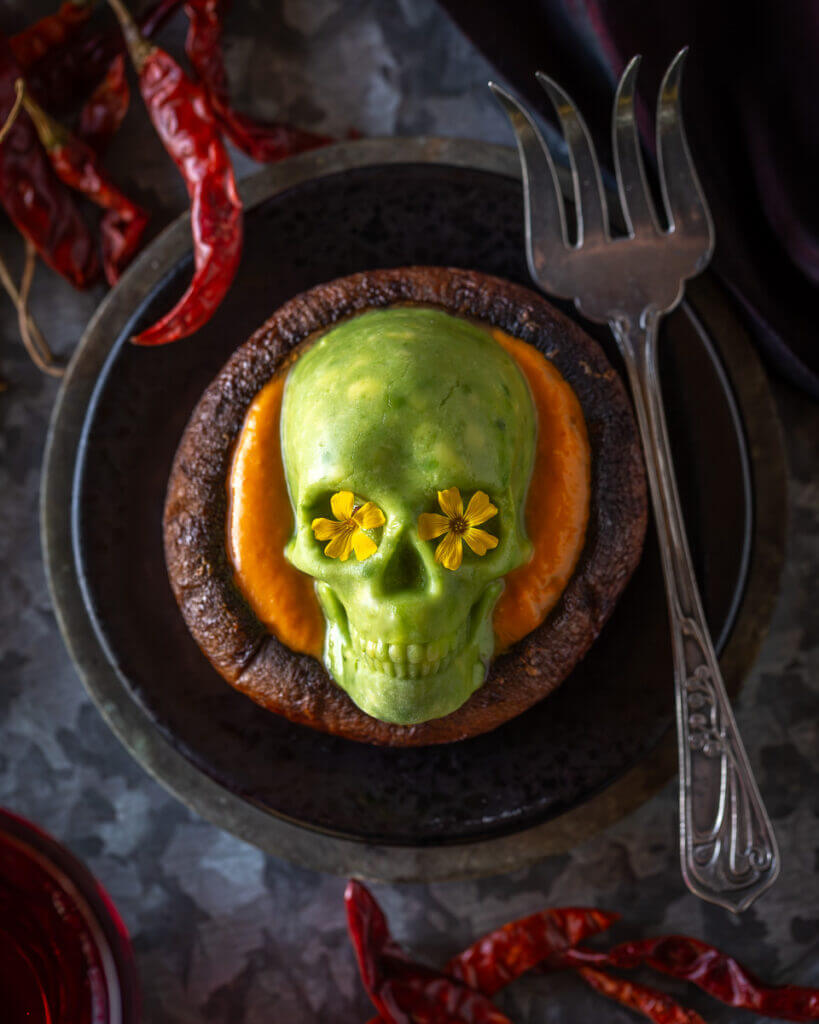 Skull Stuffed Portobellos (Roasted Portobellos with Salsa Cremosa, and Guacamole Skulls)