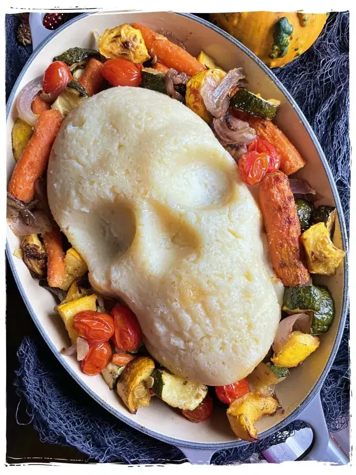 Vegan Meatloaf Skull With Mashed Potatoes And Roasted Vegetables