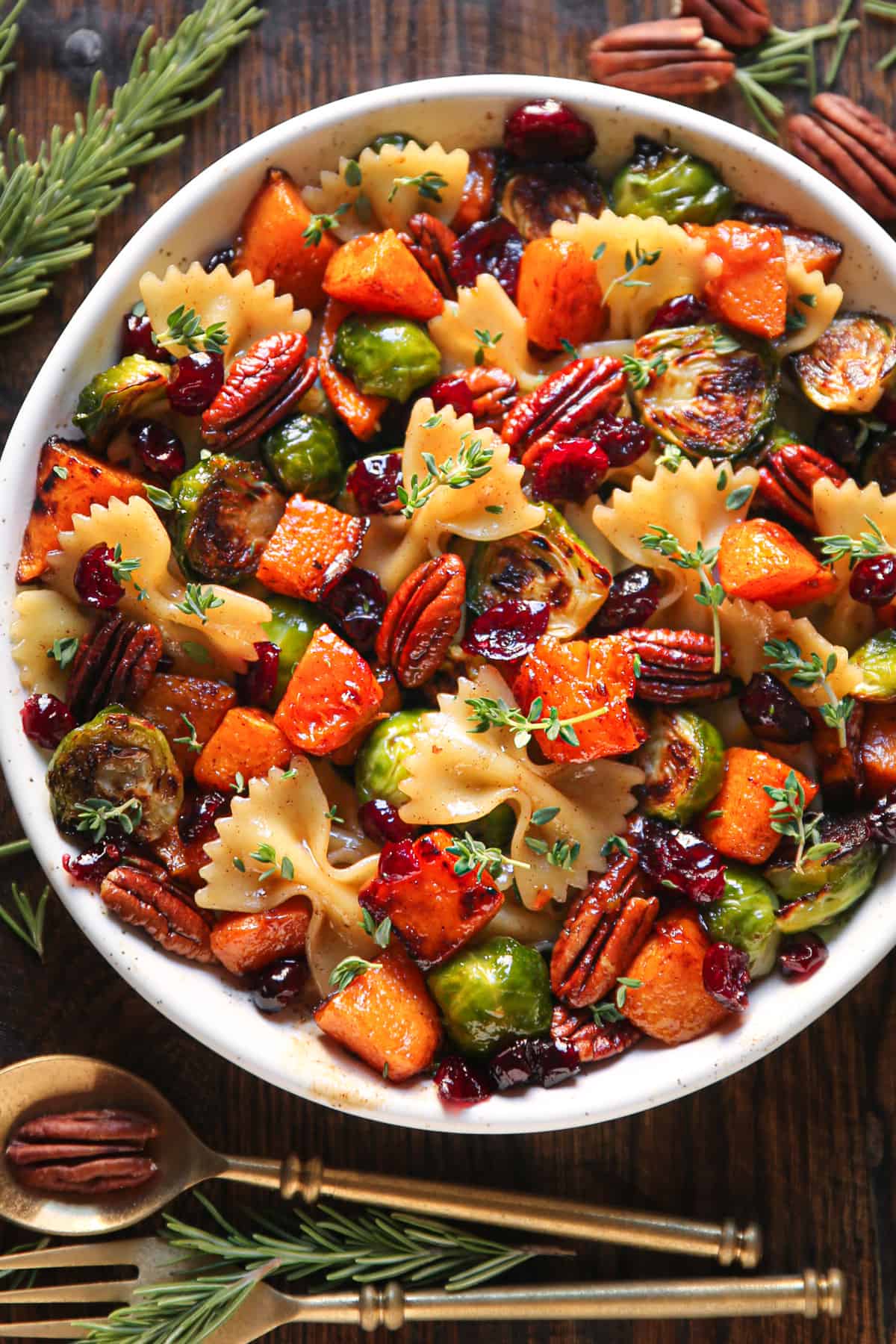 Butternut Squash Pasta Salad With Brussels Sprouts, Pecans, And Cranberries