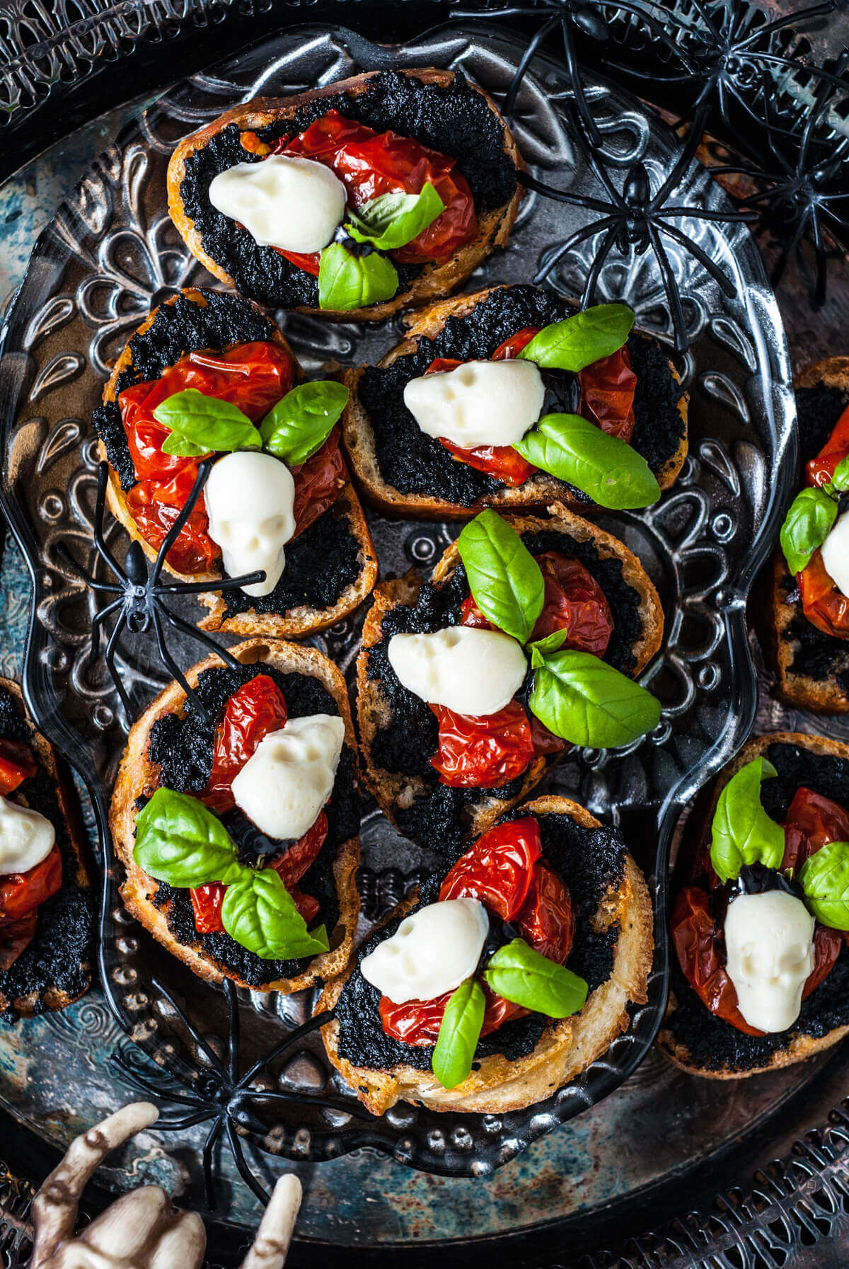 Spooky Skull Caprese Crostini