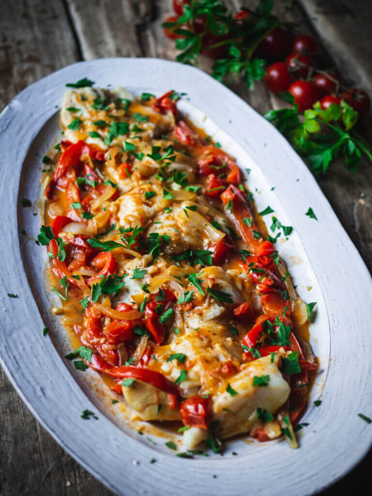 One-Pan Buttery Cod With Tomatoes & Peppers