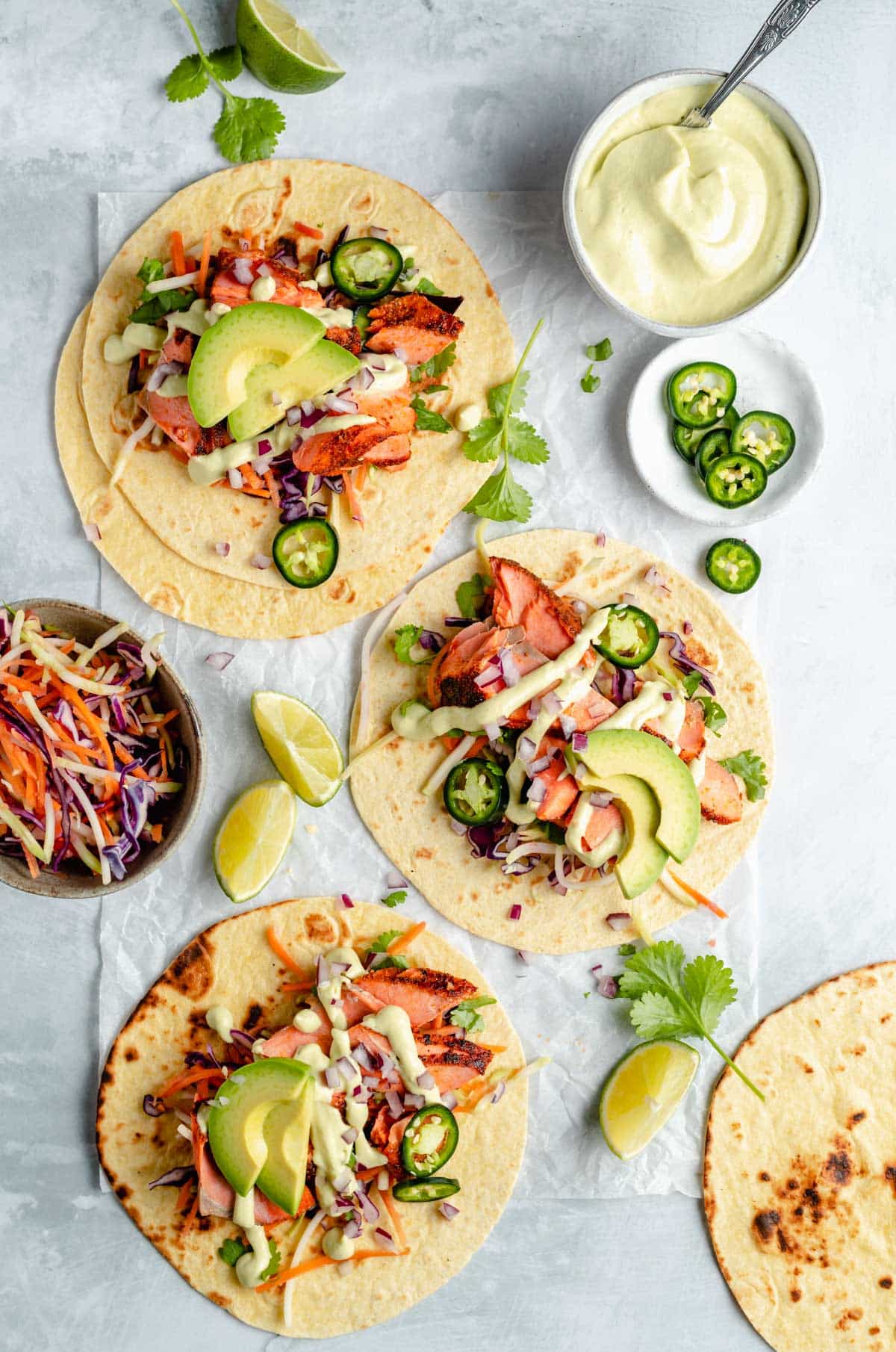 Seared Salmon Tacos With Avocado Crema