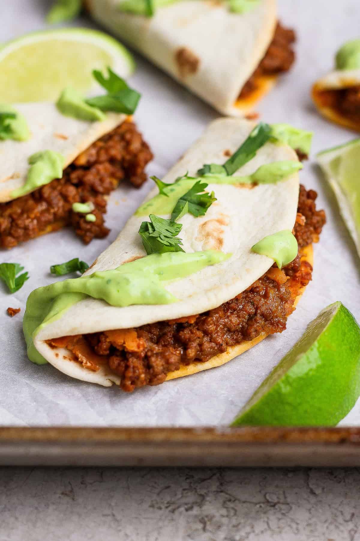 Sheet Pan Tacos With Avocado Crema