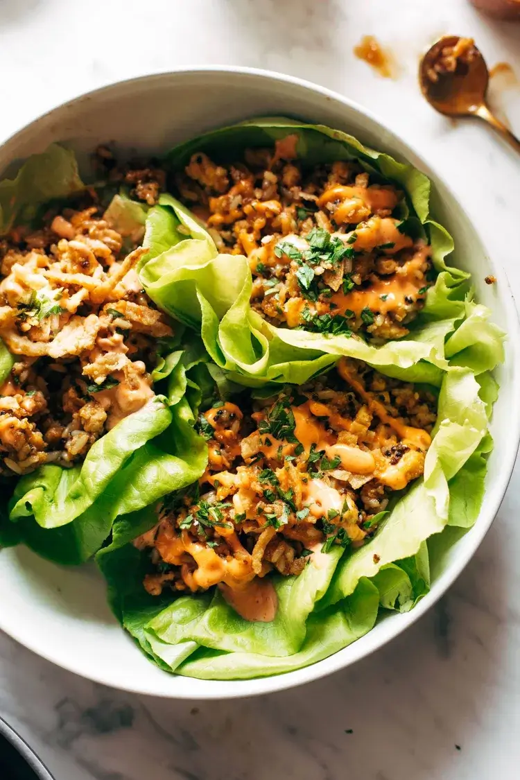 Tofu And Brown Rice Lettuce Wraps With Peanut Sauce