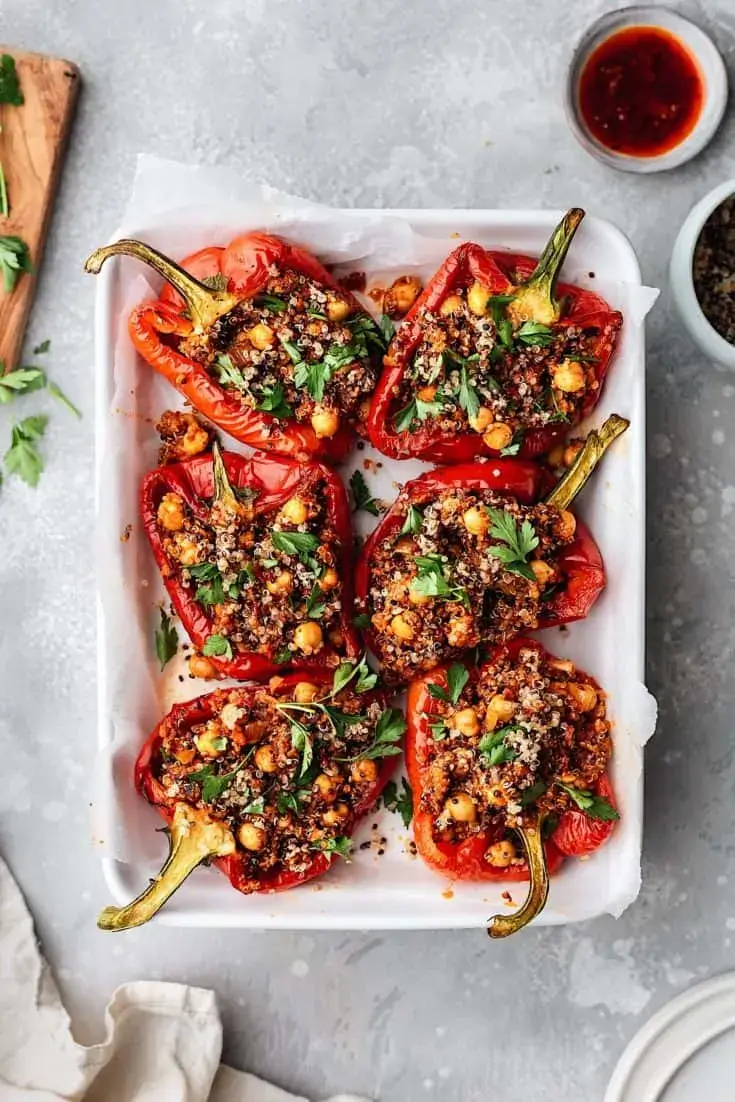 Chickpea and Quinoa Harissa Stuffed Peppers