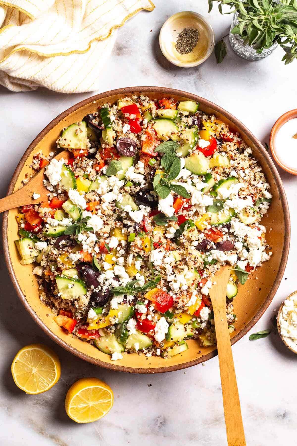 Mediterranean Quinoa Salad With Peppers, Cucumbers, Olives, and Feta
