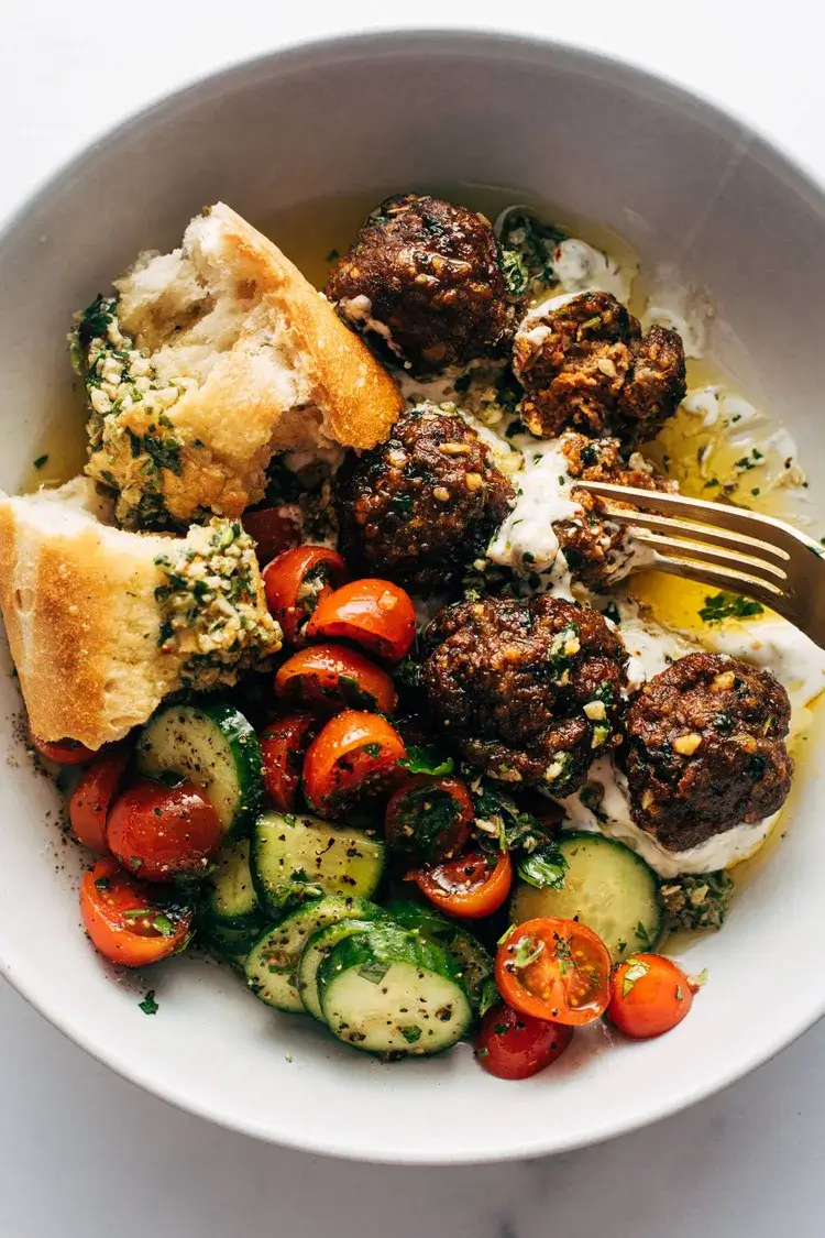 Sheet Pan Meatballs With Tomato Salad And Green Sauce