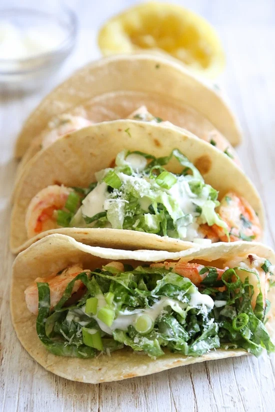 Shrimp Scampi Tacos With Caesar Salad Slaw