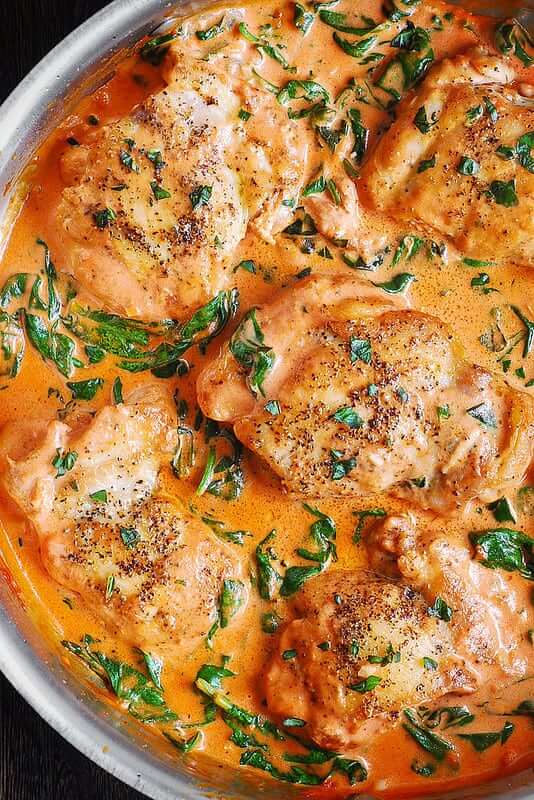 Skillet Chicken Thighs With Creamy Tomato Basil Spinach Sauce