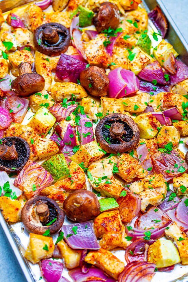 Skinny Sheet Pan Chicken With Mushrooms and Onions