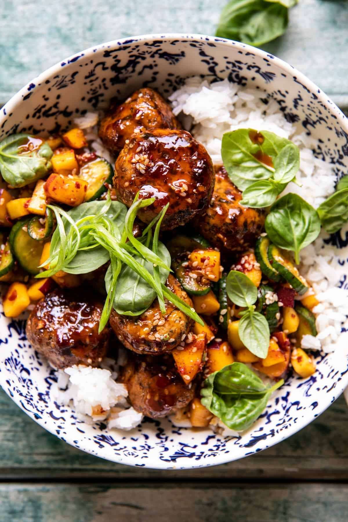Sweet And Spicy Sesame Meatball Bowl With Mango Cucumber Salad