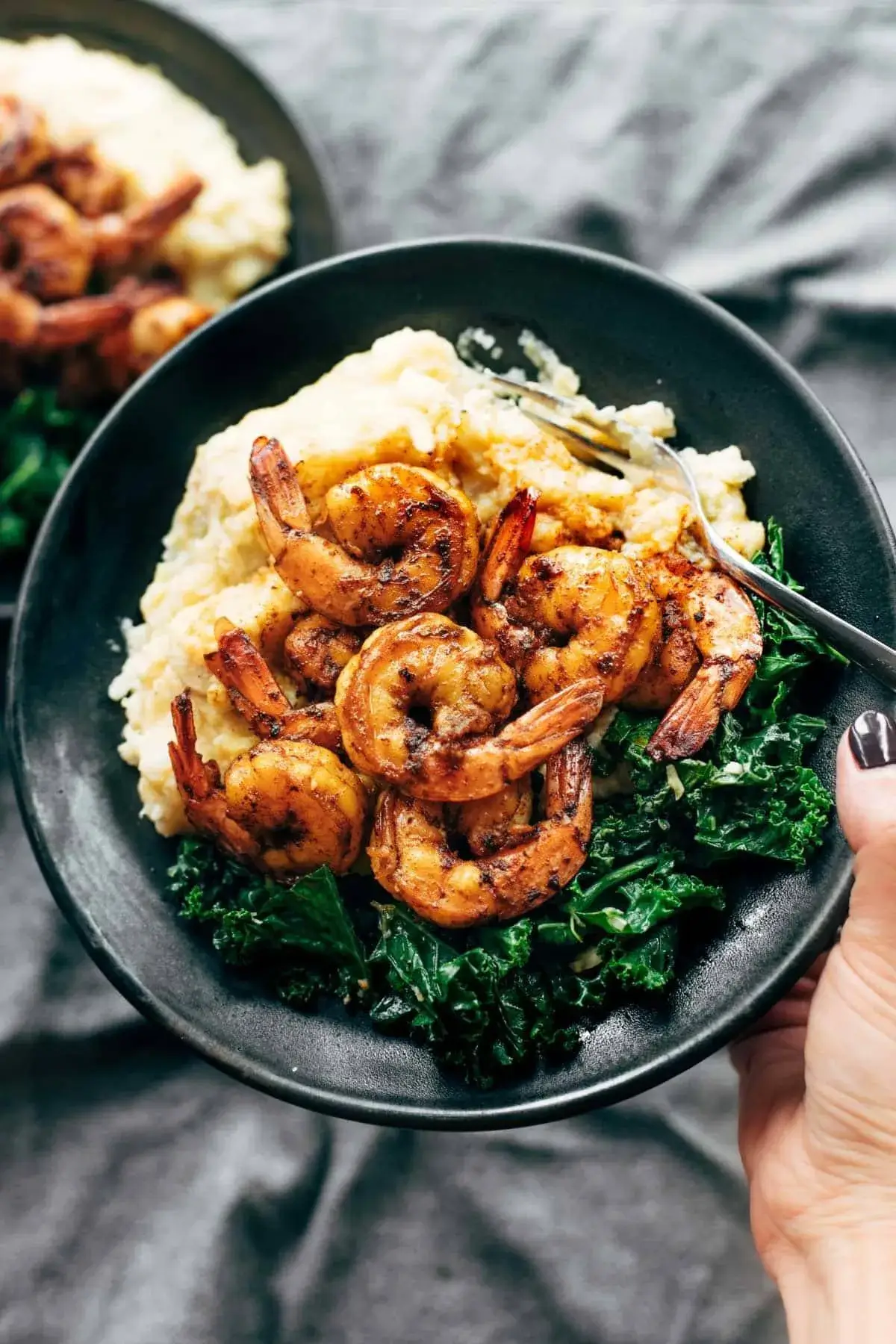 Spicy Shrimp With Cauliflower Mash and Garlic Kale