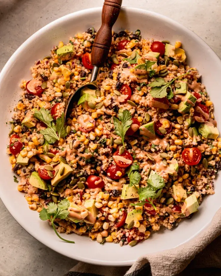 Charred Corn Quinoa Salad With Avocado & BBQ Tahini Ranch Dressing