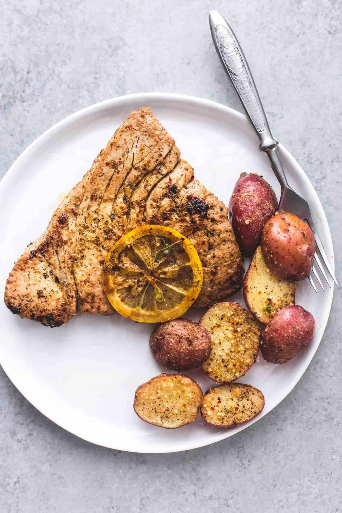 Sheet Pan Lemon Herb Tuna Steaks And Potatoes