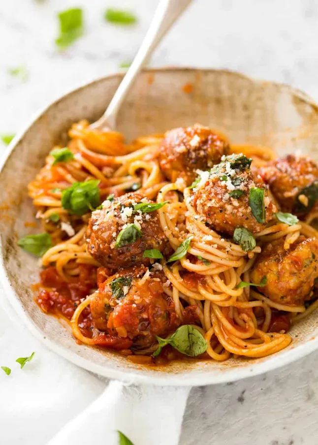 Baked Chicken Meatballs and Spaghetti