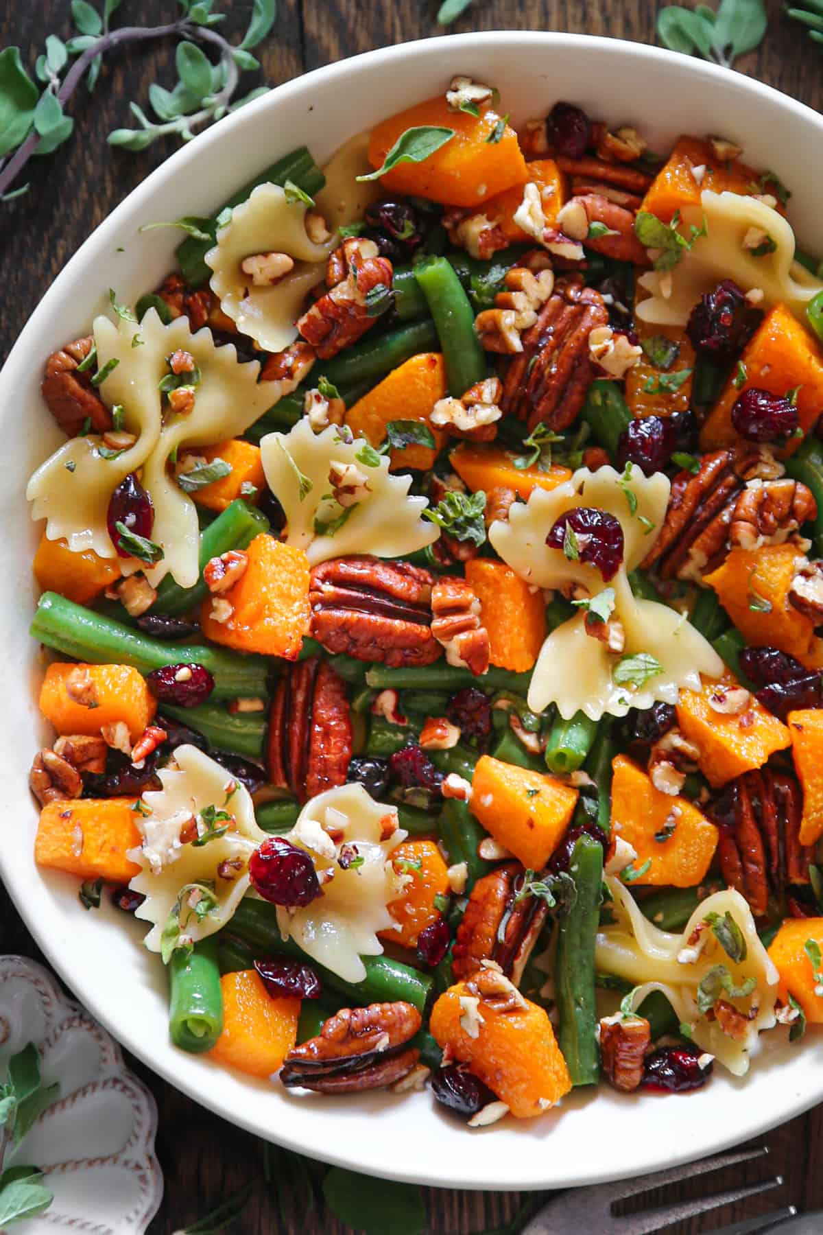 Green Bean Pasta Salad With Roasted Butternut Squash, Pecans, and Cranberries