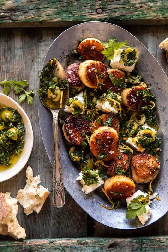 Herbed Garlic Butter Scallops With Lemony Feta Dressing