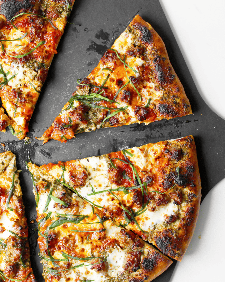 Italian Sausage Pizza With Pesto and Red Sauce