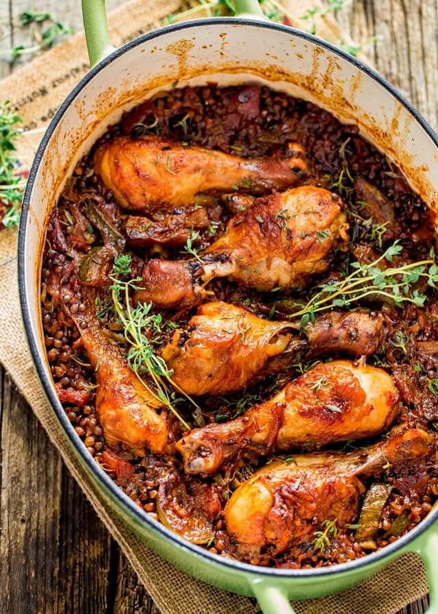 One Pot Chicken Drumsticks With Beluga Lentils