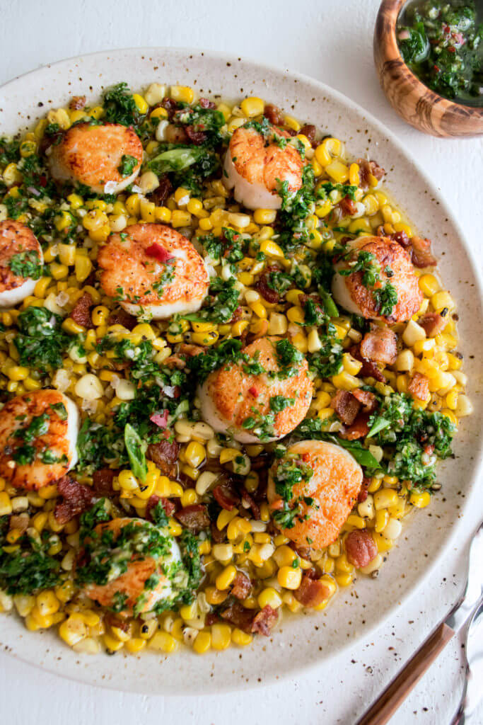 Scallops With Sautéed Corn & Chimichurri