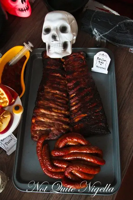 Skeleton Spare Ribs & Sausage 'Intestines' for Halloween BBQ
