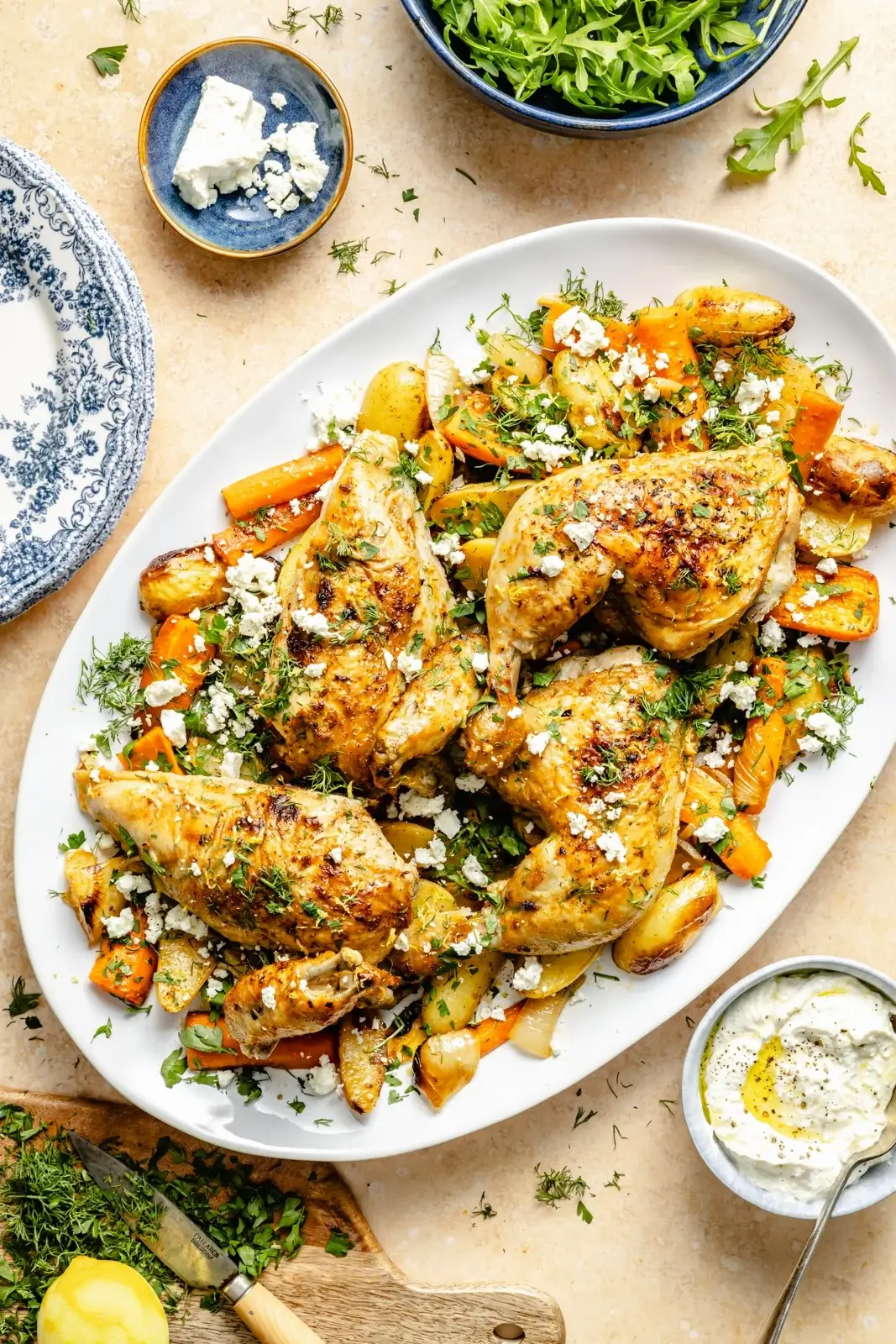 Whole Roasted Chicken With Potatoes, Lemon, Herbs and Feta